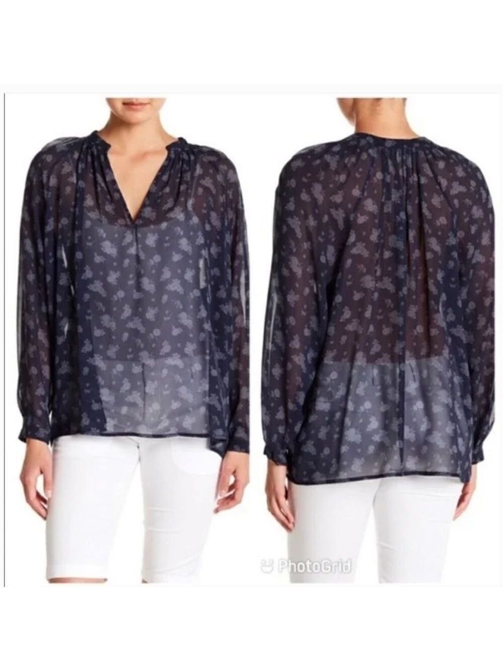 Vince‎ Calico Floral Semi Sheer Popover Silk Top